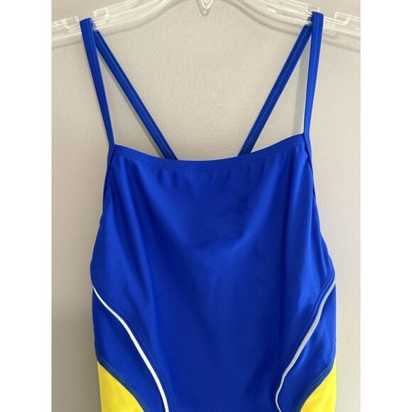 Speedo One Piece Swimsuit 12 Blue Yellow Gold Sporty PowerFlex Eco Splice Back - Picture 5 of 16